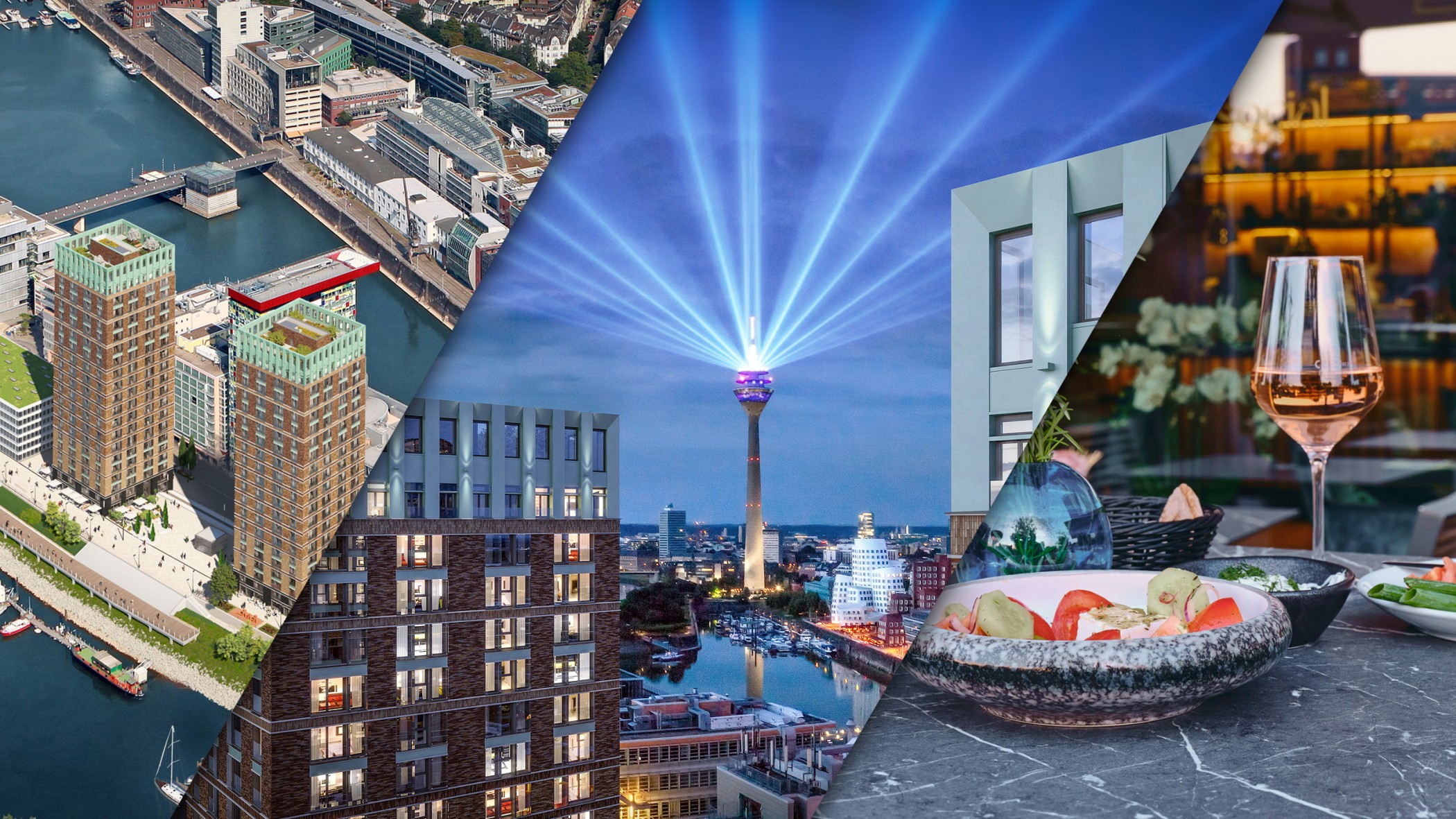 Collage von drei Bildern. Luftbild, Ausblick und Gastronomie im WIN WIN im Medienhafen Düsseldorf.