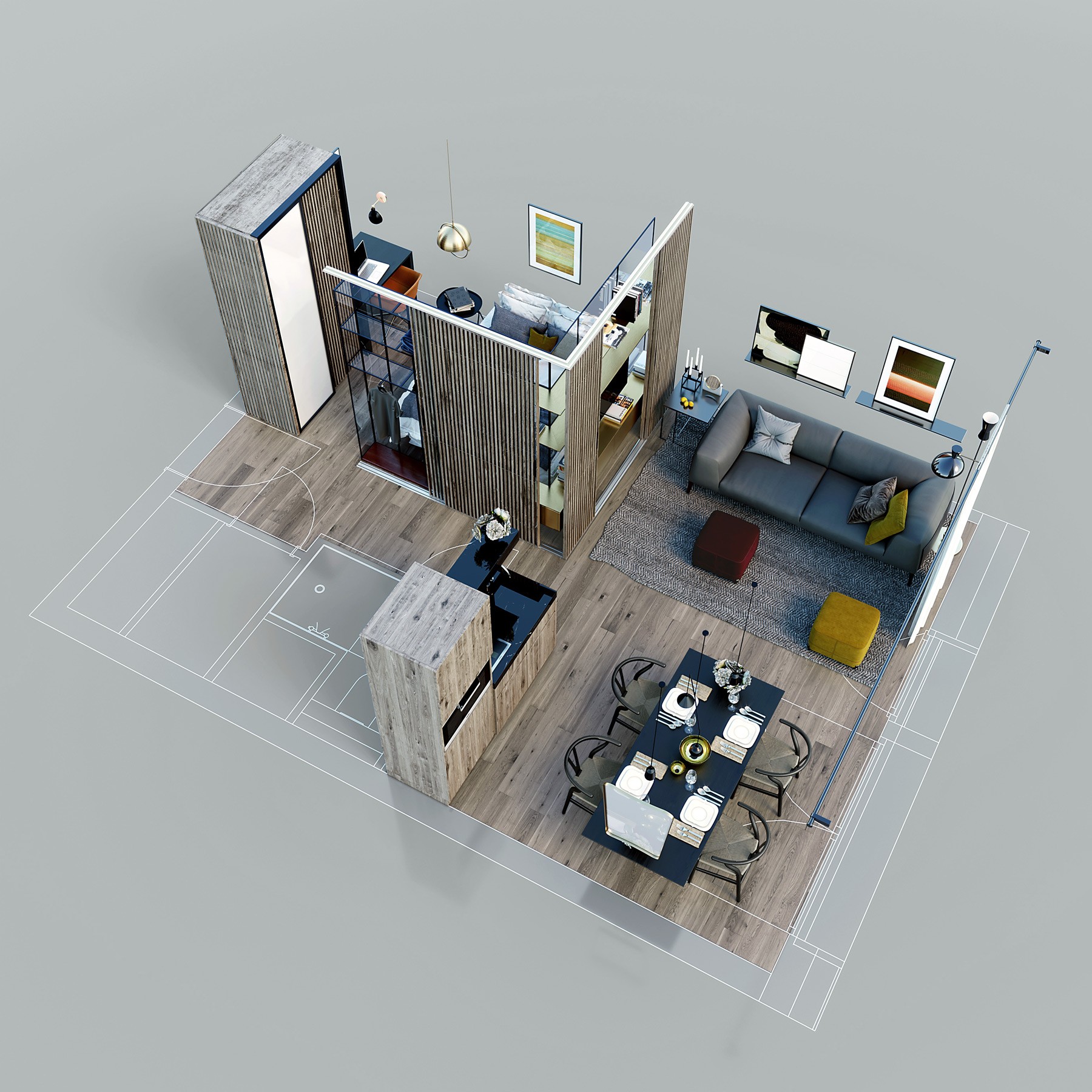 3D-Grundriss der WIN WIN Wohnung im Medienhafen Düsseldorf mit visualisierter Raumaufteilung von Wohnbereich, Küche, Essplatz und Schlafzone