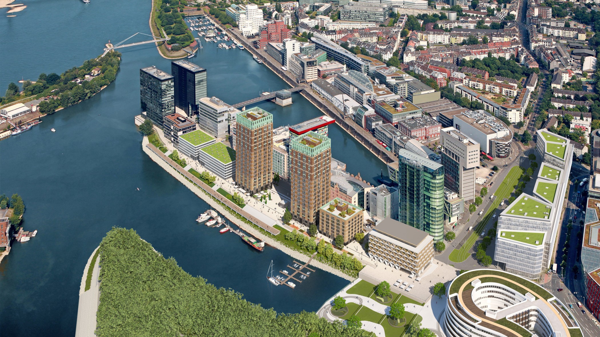 Aerial visualisation of the WIN WIN towers on the banks of the Rhine with boat landing, harbour basin and adjacent districts
