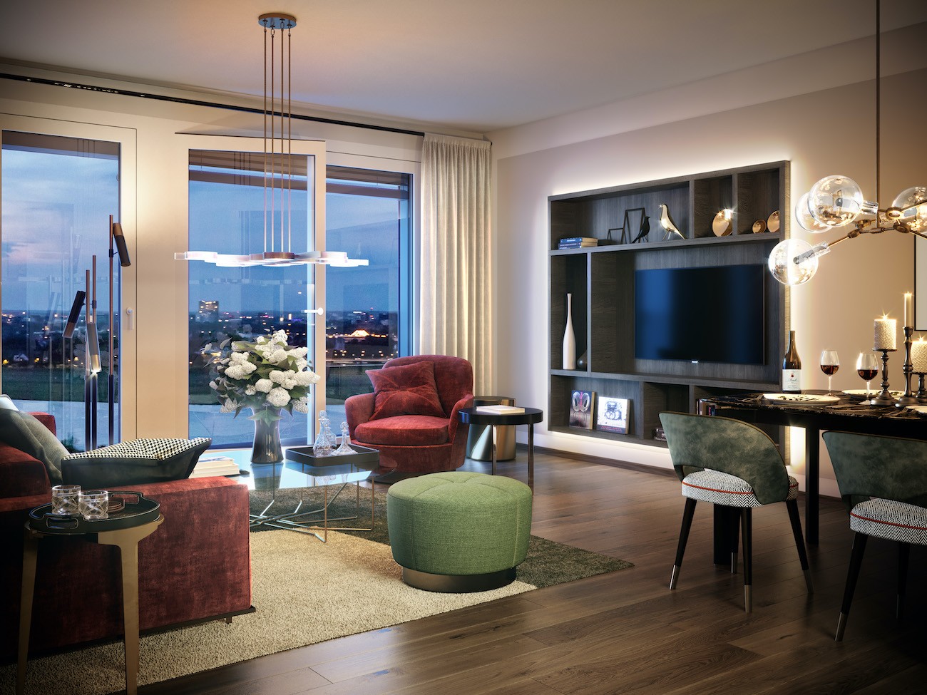 Modernes Wohnzimmer mit weitem Ausblick bei nacht über den Medienhafen in Düsseldorf im WIN WIN