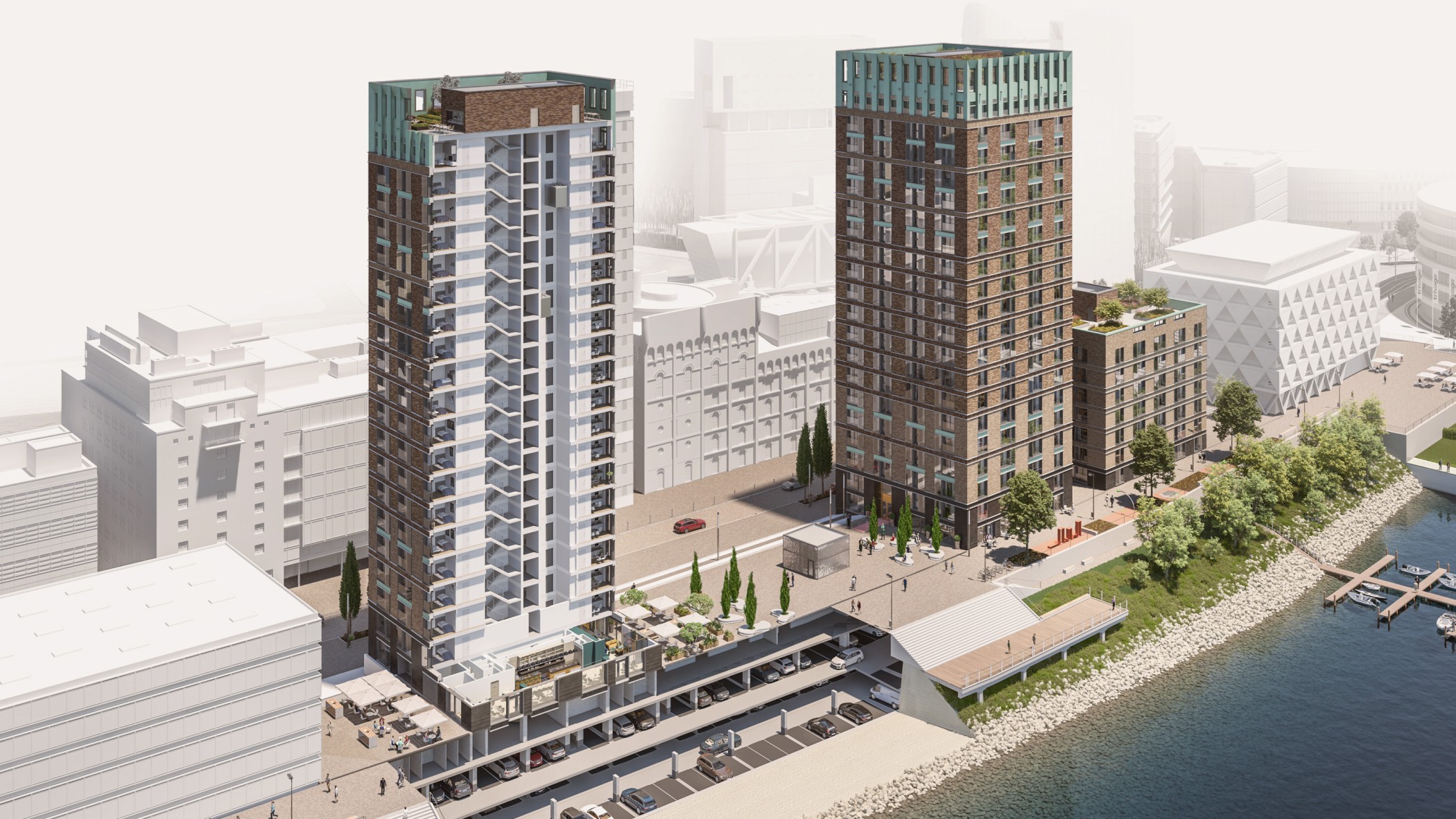 Visualisierung der WIN WIN Türme im Medienhafen Düsseldorf mit Wasserpromenade, Tiefgarage und angrenzender Uferzone aus der Vogelperspektive.