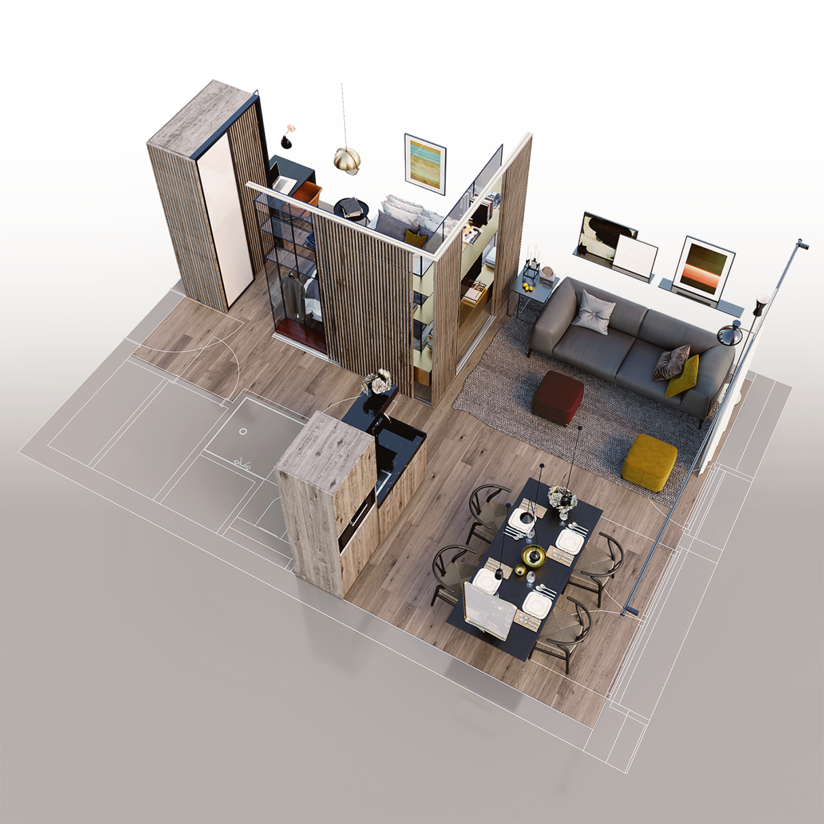 3D-Grundriss der WIN WIN Wohnung im Medienhafen Düsseldorf mit visualisierter Raumaufteilung von Wohnbereich, Küche, Essplatz und Schlafzone
