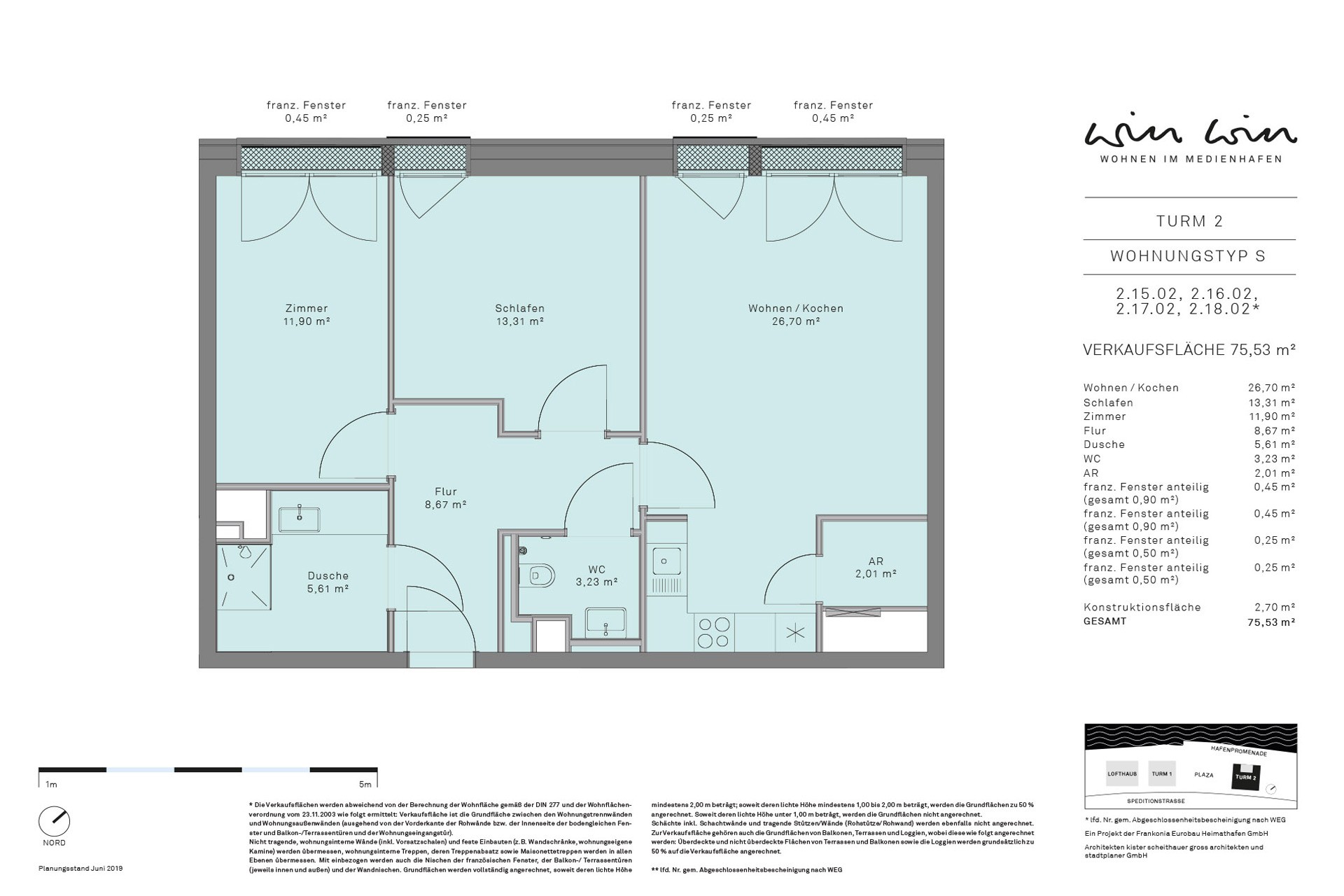 Grundriss der Wohnung Typ S im WIN WIN im Medienhafen Düsseldorf.