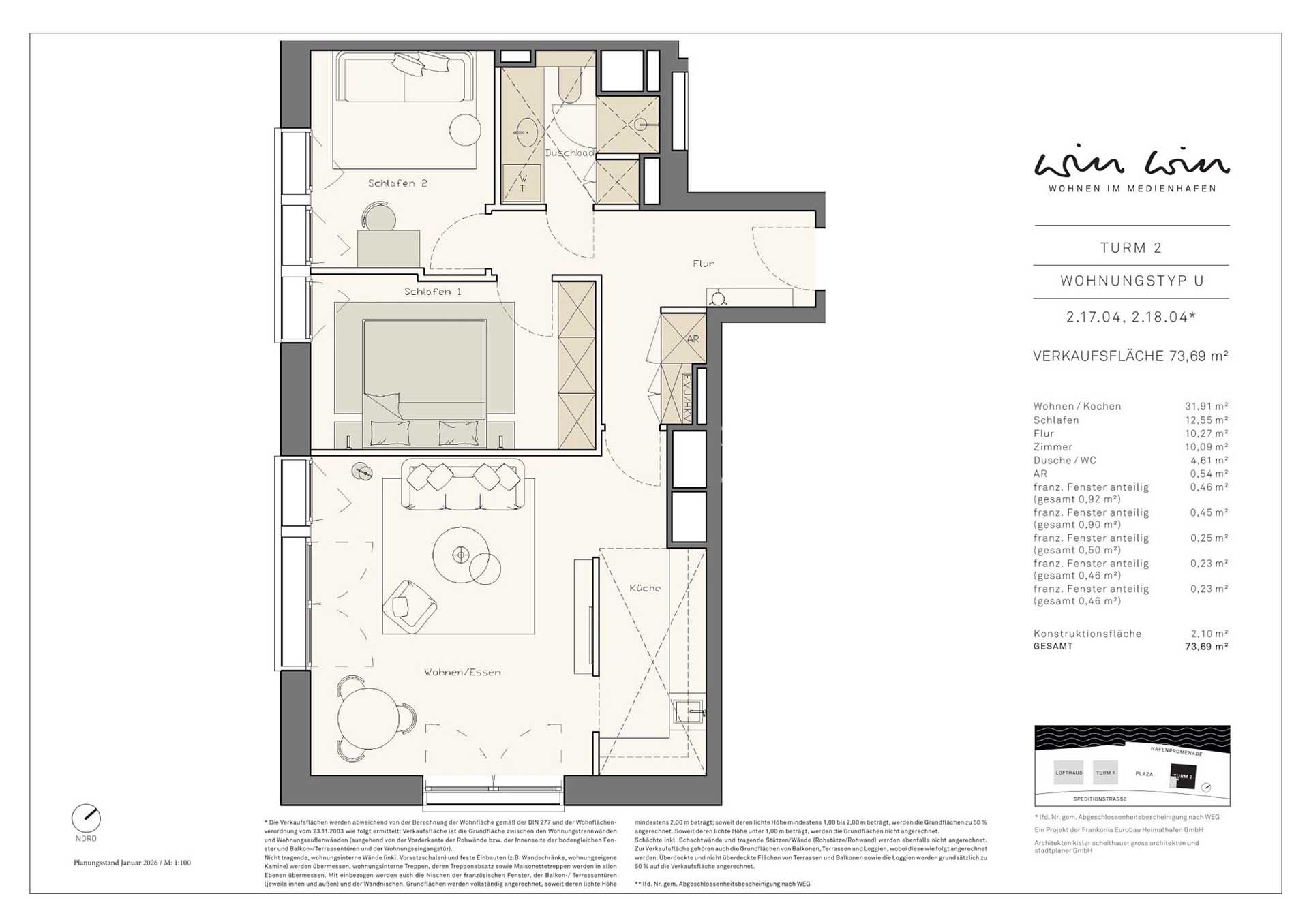 Grundriss der Luxuswohnung Typ U im WIN WIN Turm 2, Medienhafen Düsseldorf – 73,69 m² mit zwei Schlafzimmern, Zimmer und offener Wohnküche zum Kaufen