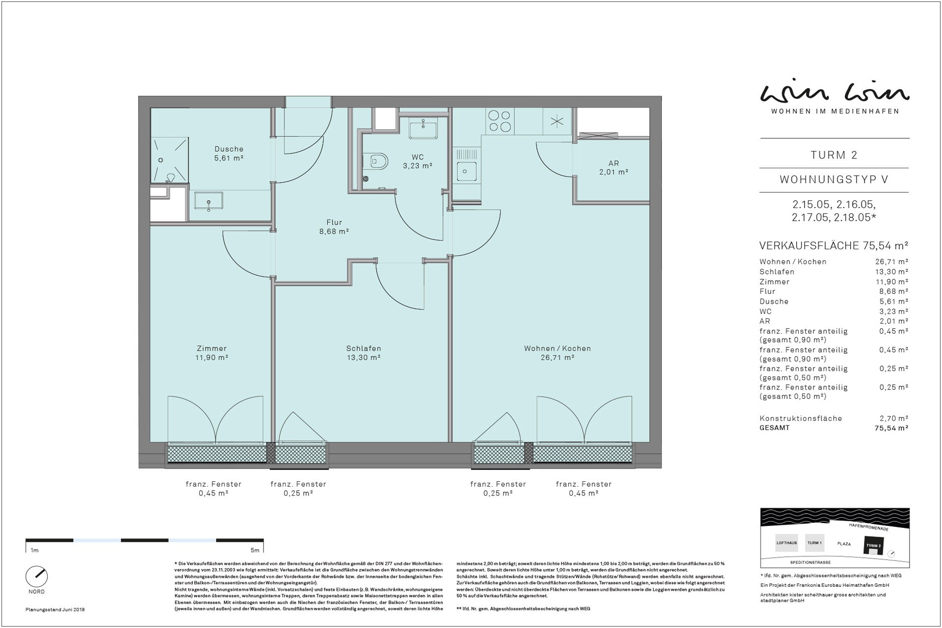 Grundriss der Wohnung Typ V im WIN WIN im Medienhafen Düsseldorf.