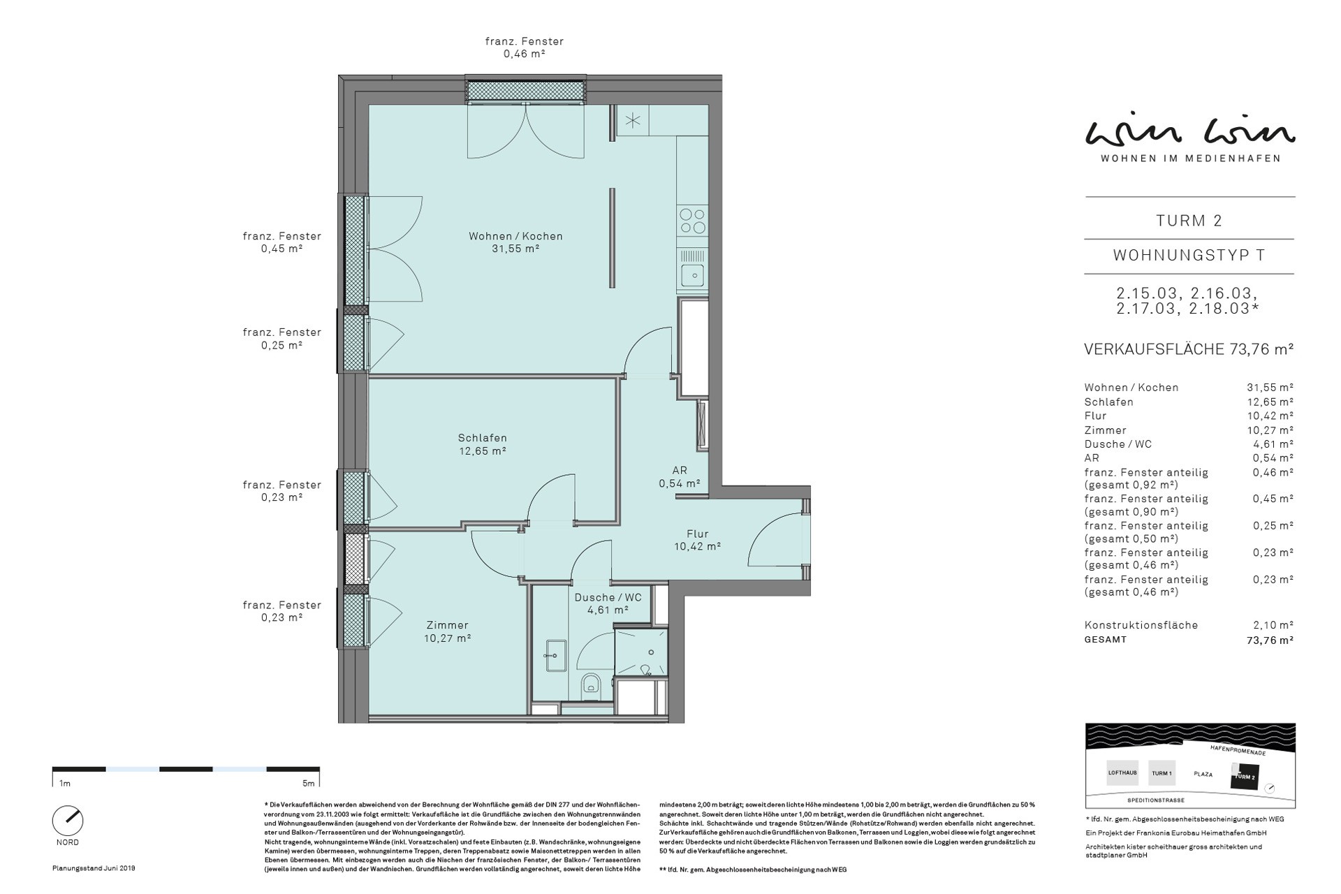 Grundriss der Wohnung Typ T im WIN WIN im Medienhafen Düsseldorf.