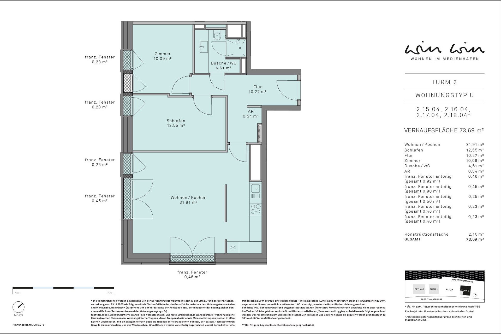 Grundriss der Wohnung Typ U im WIN WIN im Medienhafen Düsseldorf.