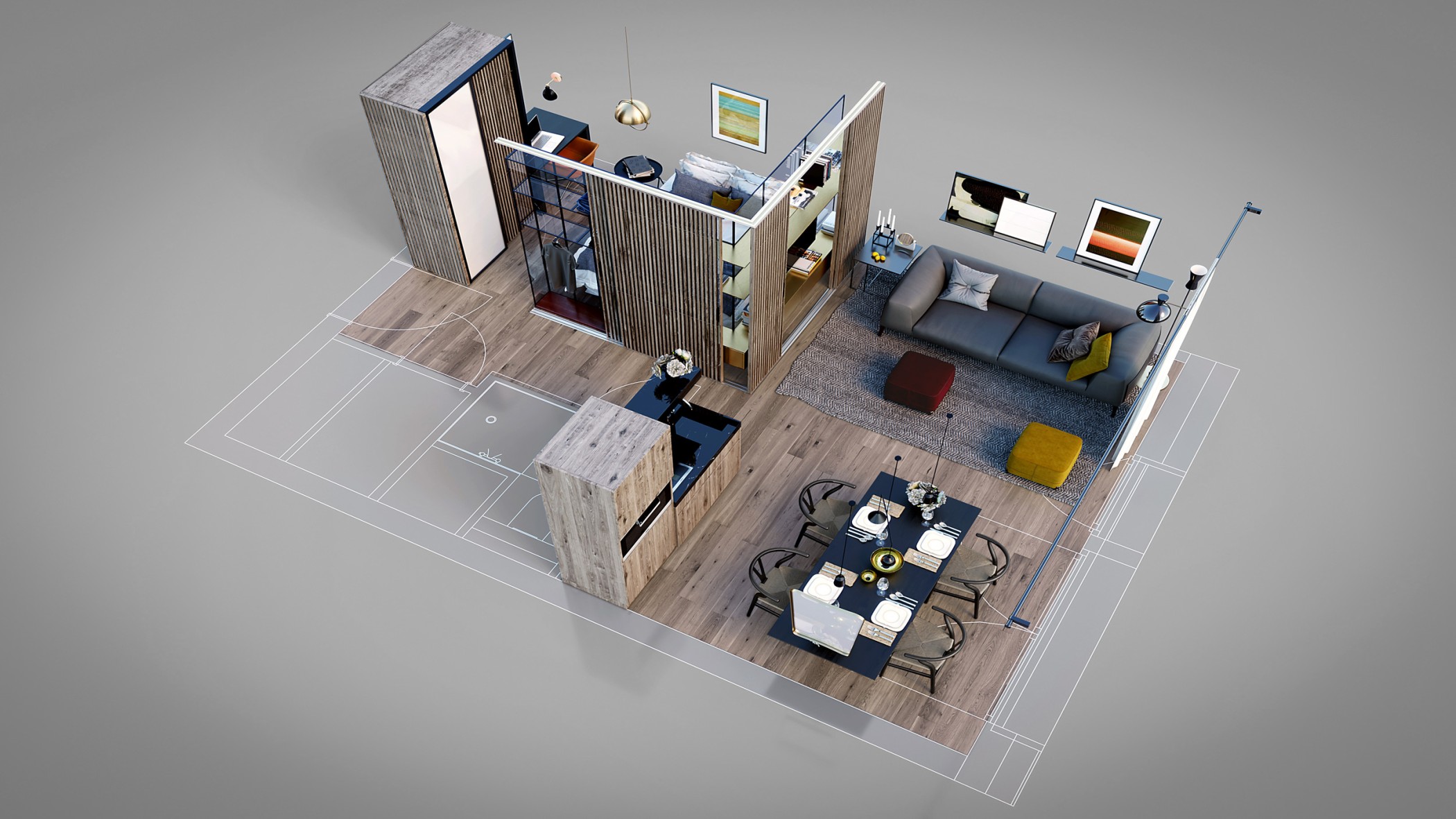 3D-Grundriss der WIN WIN Wohnung im Medienhafen Düsseldorf mit visualisierter Raumaufteilung von Wohnbereich, Küche, Essplatz und Schlafzone