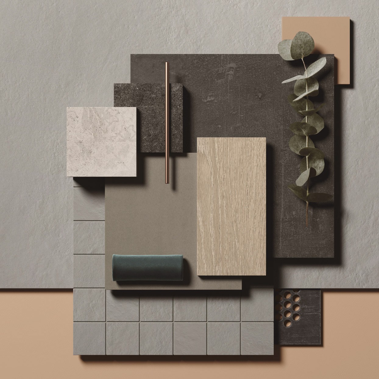 Materialboard mit modernen Naturtönen und Texturen für das WIN WIN Wohnprojekt im Düsseldorfer Medienhafen